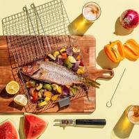 Herramienta de cocina al aire libre de malla para barbacoa, pescado a la parrilla, verduras, camarones, fila de mango portátil, acero inoxidable - details 0