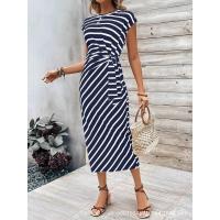 Vestido largo de manga corta con cuello redondo a rayas y cintura elegante con vestidos de encaje utilizados para la fiesta de verano de las mujeres - details 18