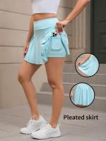 Falda de Tenis Plisada de Cintura Alta con Bolsillo Lateral - Azul Claro, Elástica y No Transparente para Gimnasio, Deportes y Uso Diario, Ropa de Gimnasia |   Detalle de Nudo en el Costado |   Falda de Tela Elástica - details 3