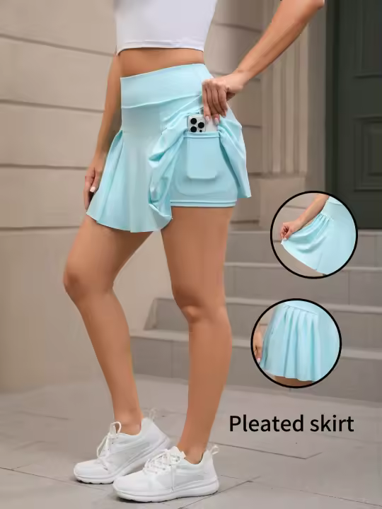 Falda de Tenis Plisada de Cintura Alta con Bolsillo Lateral - Azul Claro, Elástica y No Transparente para Gimnasio, Deportes y Uso Diario, Ropa de Gimnasia |   Detalle de Nudo en el Costado |   Falda de Tela Elástica - 1