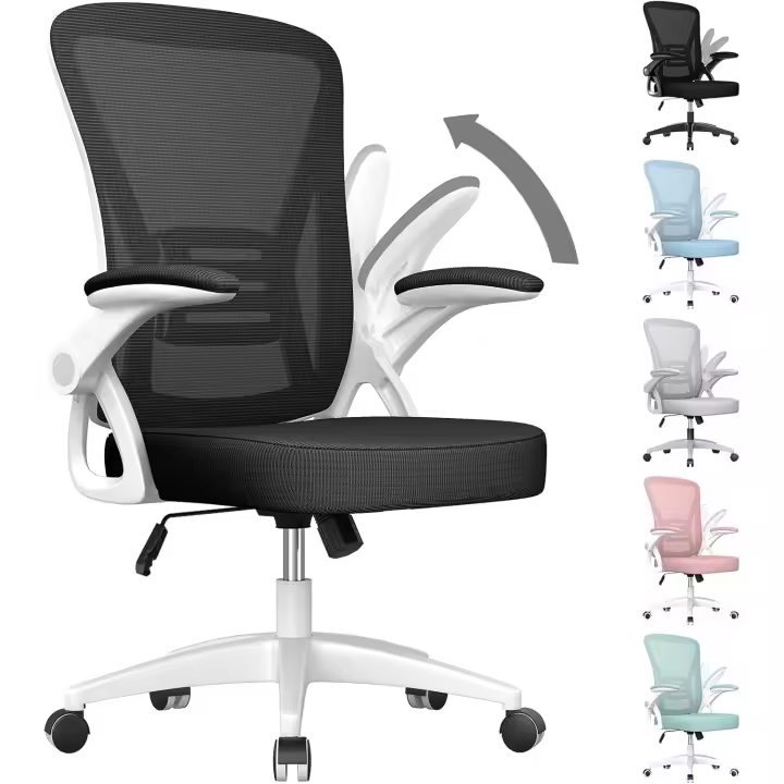 Oficina, Silla de Escritorio Ergonómica con Reposabrazos Plegables, Altura Ajustable, Soporte Lumbar, Silla Giratoria con Cojín de Asiento Acolchado Blanco - 1