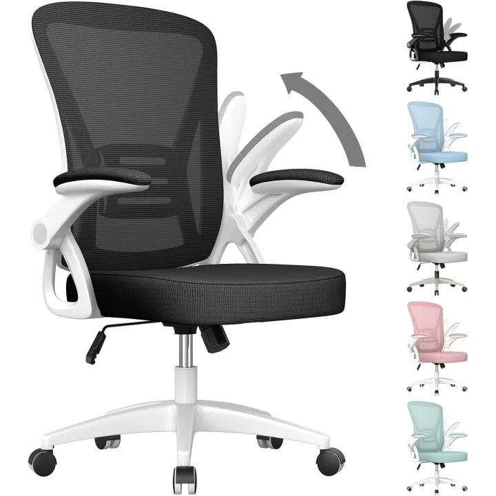 Silla de Escritorio Ergonómica Reposabrazos Plegables, Altura Ajustable, Soporte Lumbar, Giratoria con Cojín de Asiento Acolchado Blanco - 1
