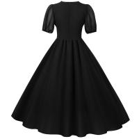 Vestido de fiesta largo vintage elegante de gasa de manga corta con farol liso de verano con cuello en V para mujer - details 33