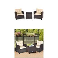 Conjunto de Muebles de Jardín 3 Piezas, 2 Sillones de Polirratán y 1 Mesa con Tablero de Cristal, Juego de Bistro con Cojines, Mesa y Silla para Terraza, Jardín, Patio - details 1