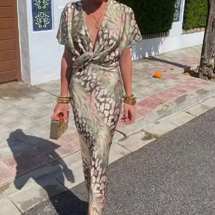 Vestido de verano de manga corta para mujer, vestidos informales estampados con cuello en V para mujer - 1