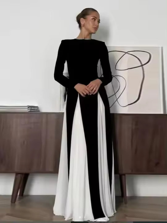 Elegantes vestidos con chips en blanco y negro, vestido de cuello redondo de manga larga a la moda para mujer, vestidos de fiesta de noche para mujer - 1