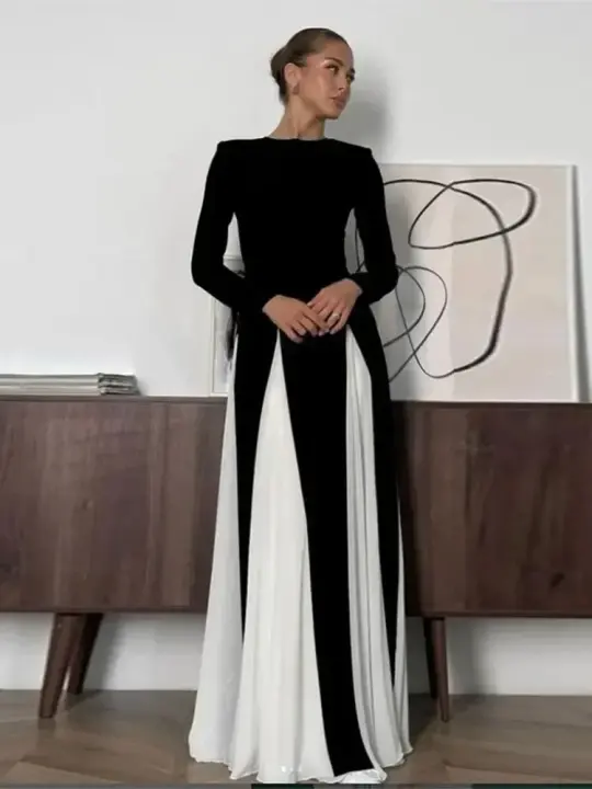 Elegantes vestidos con chips en blanco y negro, vestido de cuello redondo de manga larga a la moda para mujer, vestidos de fiesta de noche para mujer - 1