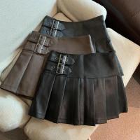 2025 minifaldas de cuero sintético para mujer, faldas plisadas de cintura alta, Estilo Vintage coreano, línea A informal, color negro, Y2K, S-3XL - details 7