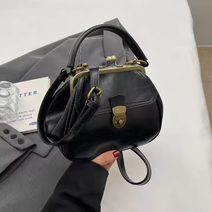 Elegante bolso cruzado negro para mujer, bolso de hombro retro chic con cierre dorado, perfecto para la moda de otoño e invierno - 1