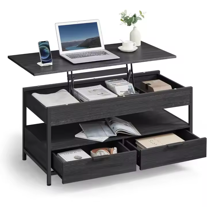 Mesa de Centro Elevable, Mesa de Salón, con Cajones de Almacenamiento, Compartimentos Ocultos y Estante Abierto, 50 x 100 cm, Gris Carbón y Negro Tinta LCT209B22 - 1