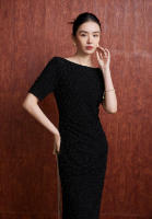 BGTEEVER-vestido ajustado a cuadros para mujer, prenda elegante de manga corta, ceñido a la cadera, con cuello oblicuo, para primavera y verano - details 7