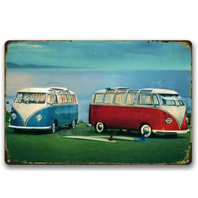 Cartel de hojalata de arte Vintage, cartel de dibujos animados, autobús de la paz, playa, surf - 1