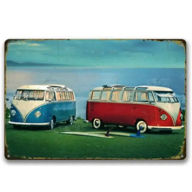 Cartel de hojalata de arte Vintage, cartel de dibujos animados, autobús de la paz, playa, surf - 1