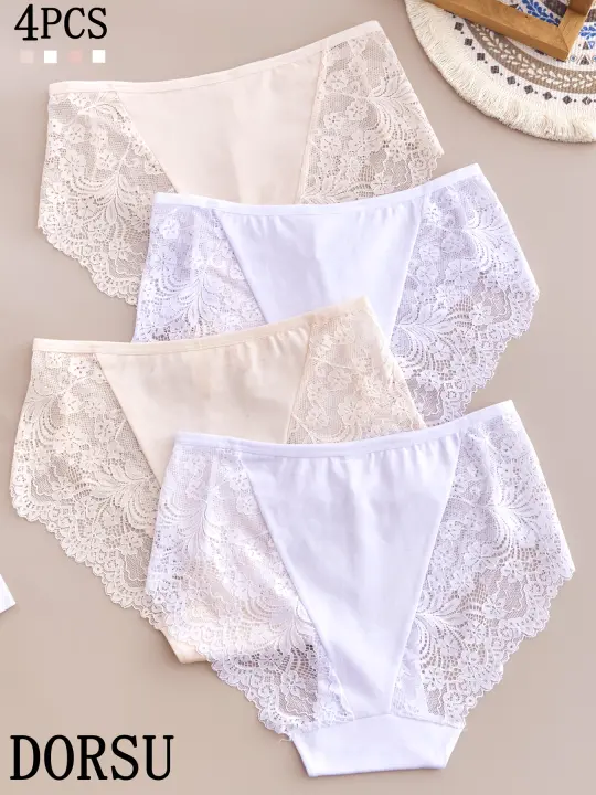 Lote de 4 bragas sexy de encaje para mujer, de color sólido, cómodas y transpirables, a la moda de alta elasticidad ajustadas, tejido de nailon con detalles de encaje a la moda de estructura de punto de color sólido - 1