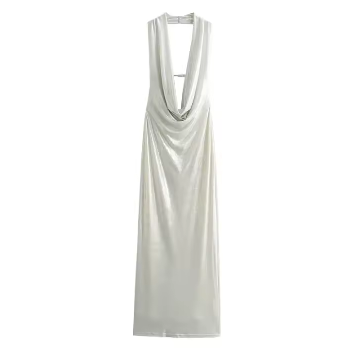 TRAFZA-vestido largo sin mangas con cuello Halter para mujer, ropa elegante y ajustada, decorada con Espalda descubierta, color liso, moda de verano - 1