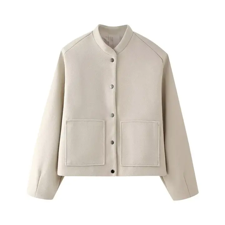 Abrigo elegante de lana lisa con cuello redondo para mujer, mangas G, corte holgado, moda urbana de otoño 2024 - 1