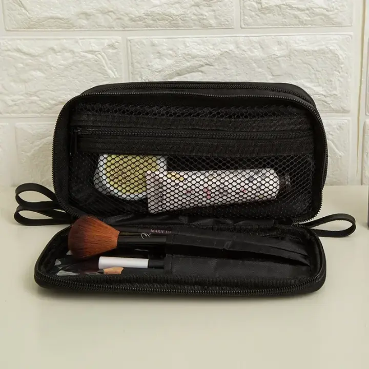 Mini bolsa de maquillaje negra para mujer, bolsa de almacenamiento de nailon de viaje de diseñador para niña, bolsas de cosméticos pequeñas con cremallera doble diaria a la moda - 1