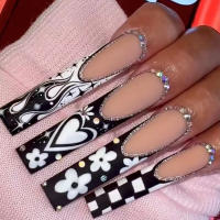 Uñas postizas estrelladas en blanco y negro, patrones únicos de tablero de control, extensión de uñas para uñas, bricolaje en casa - details 6