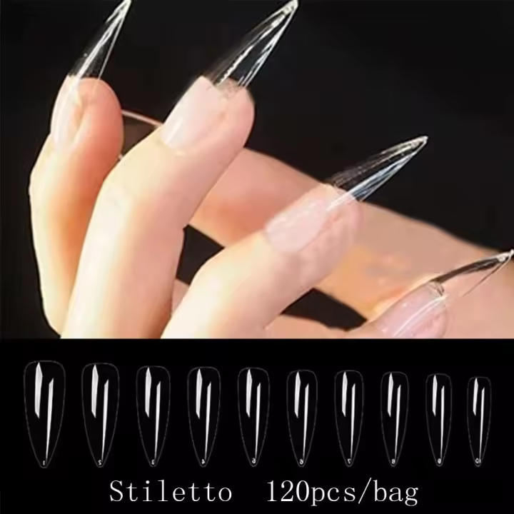 120 unidades/bolsa punta de ataúd juego completo de uñas postizas transparentes presión Artificial bailarina larga - 1