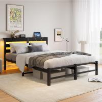 Marco de cama doble con estación de carga y luces LED, plataforma de metal resistente, marco de cama doble de 135 x 190 cm con cabecero de madera con almacenamiento, no necesita - details 36