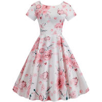 Summer floral print elegant a-line party women slim short sleeve swing vintage dress - details 1