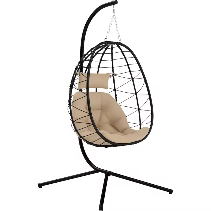 Silla Colgante Huevo con Soporte Columpio Jardín Exterior con Cesta Plegable Cojín y Reposacabezas Columpio Colgante para Interior y Exterior Carga 120 kg Gris - 1