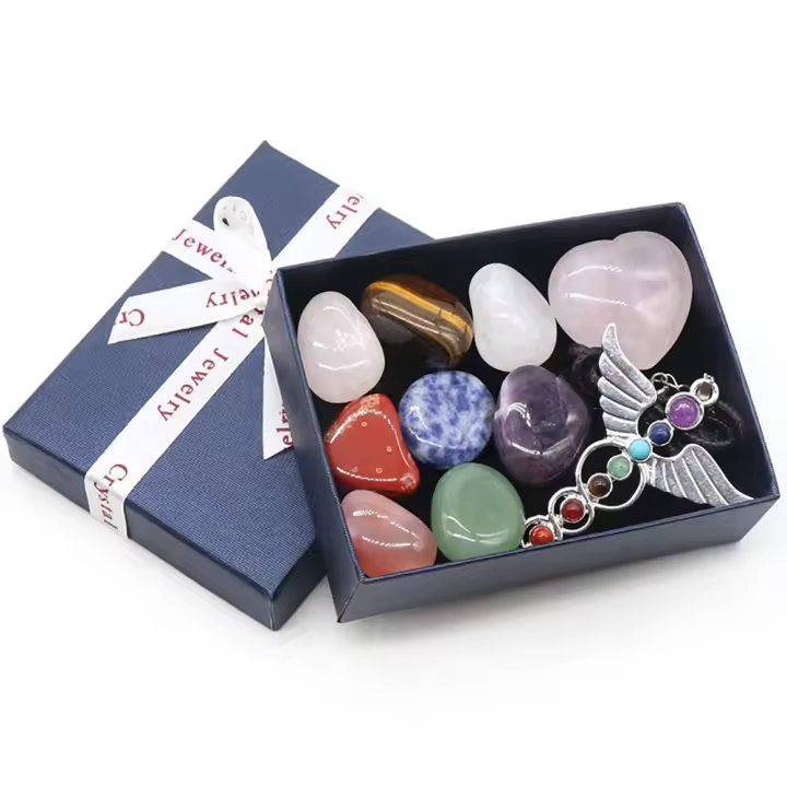 Colgante de ala de Ángel de 7 Chakras Natural, forma de corazón, cuarzo rosa, piedras pulidas caídas, juego de cristales curativos de energía, regalo con caja - 1