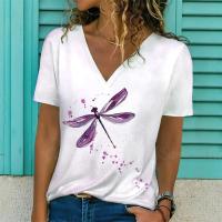Camiseta de Manga Corta con Cuello en V Moda Blanca para Mujeres Estampado 3D de Lavanda - details 6