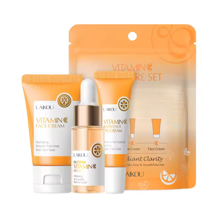 Set de cuidado facial con vitamina C, crema facial hidratante, 5 unids/set con Limpiador, Tónico, Sérums, Crema de ojos, Crema Essence, Sets de regalo navideño para una piel radiante y brillante, ayuda a aliviar las líneas finas - 1