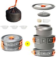 Juego de utensilios de cocina de aluminio para acampar al aire libre, tetera plegable para acampar y sartenes, equipo con bolsa de malla - details 0