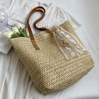 Bolso de mano Vintage para mujer, tejido de hombro, Color sólido, cinta de encaje, mimbre, paja Bohemia, Asa de playa, Beige - details 12