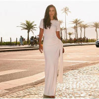 Vestido Midi con abertura en la cintura para mujer, traje Sexy de manga corta con cuello redondo, color liso, para vacaciones - details 4