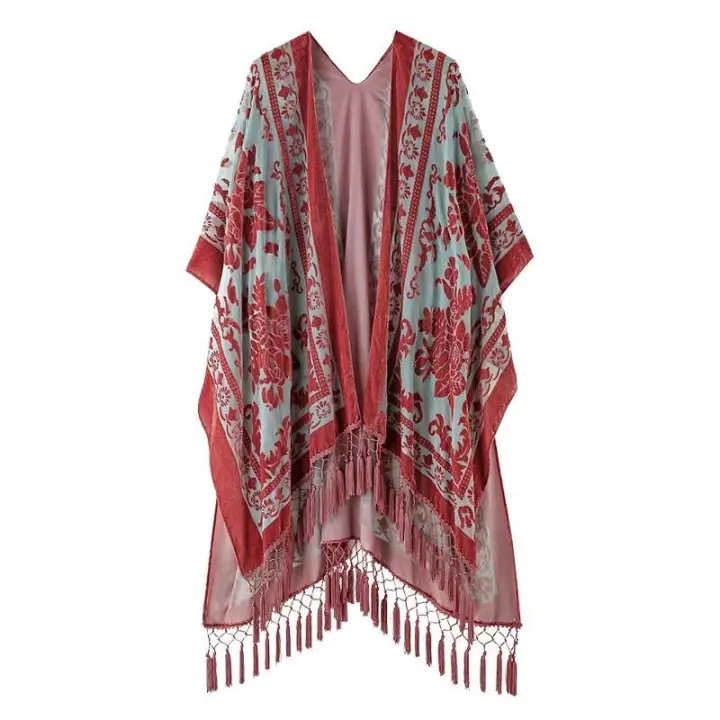 MJSERECA Kimono de Peluche Quemado Cardigan Largo Bohemio para Mujeres con Borla - 1