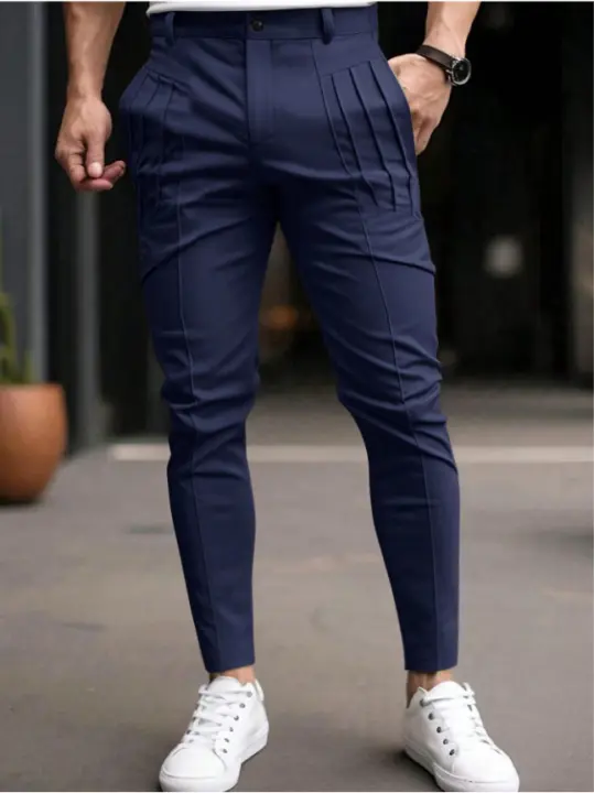 2025 pantalones de pierna pequeña ajustados informales con cremallera y bolsillo ajustado de color sólido para hombre - 1