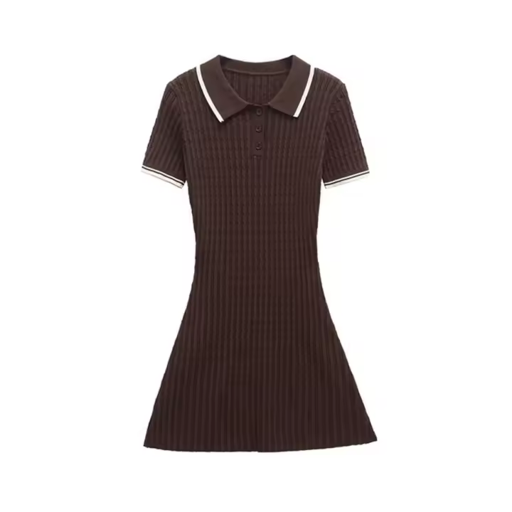 TRZA mujeres moda botones delanteros Cable tejido Mini vestido Polo cuello manga corta Mujer Vestidos Mujer - 1