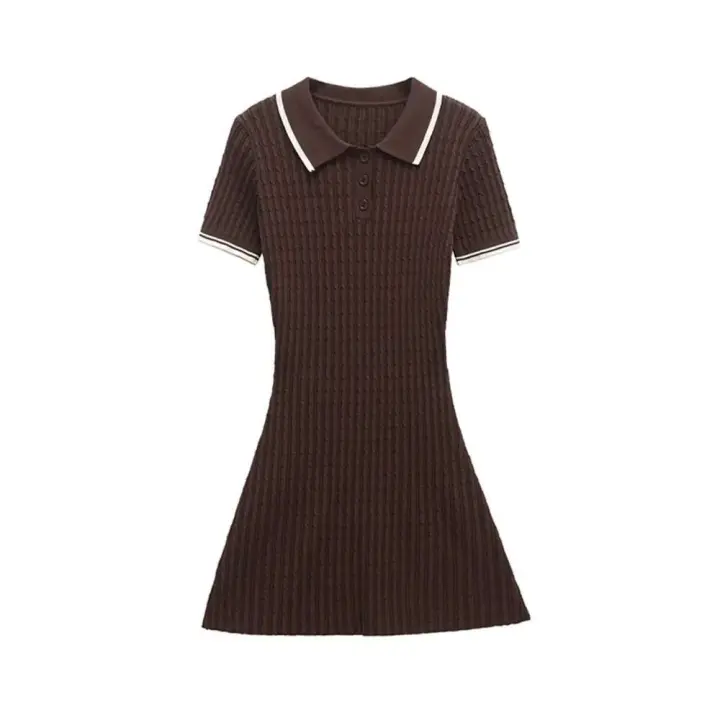 TRZA mujeres moda botones delanteros Cable tejido Mini vestido Polo cuello manga corta Mujer Vestidos Mujer - 1