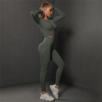 Conjuntos de gimnasio para mujeres 2 piezas manga larga ropa de yoga top cropped costilla alta leggings sin costuras material elástico para primavera/verano - details 27