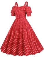 Vestido de fiesta Vintage elegante con hombros descubiertos, vestidos Midi de verano con lunares y volantes para mujer - details 26