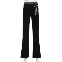 Pantalones acampanados de encaje para mujer, pantalones negros de cintura alta con lazo largo, ropa elástica cómoda de algodón estético - details 3