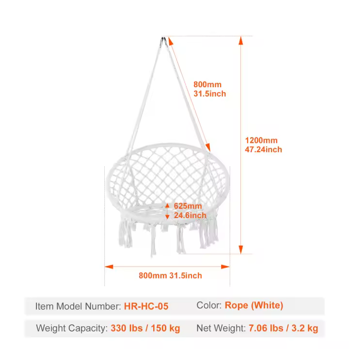 Hamaca colgante SucceBuy: relajación acogedora para cualquier espacio. Esta silla SucceBuy con capacidad de 264 libras, tubo de acero y cuerda de algodón, además de cojín. Ideal para dormitorio, balcón, patio, jardín. - 1