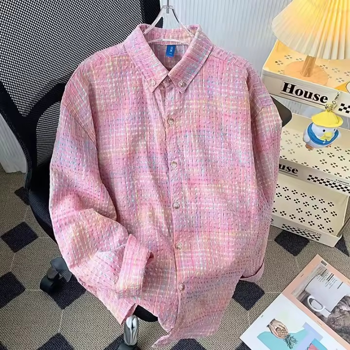 Camisa a Cuadros Rosa Retro Americano Algodón Casual para Primavera y Otoño Manga Larga - 1