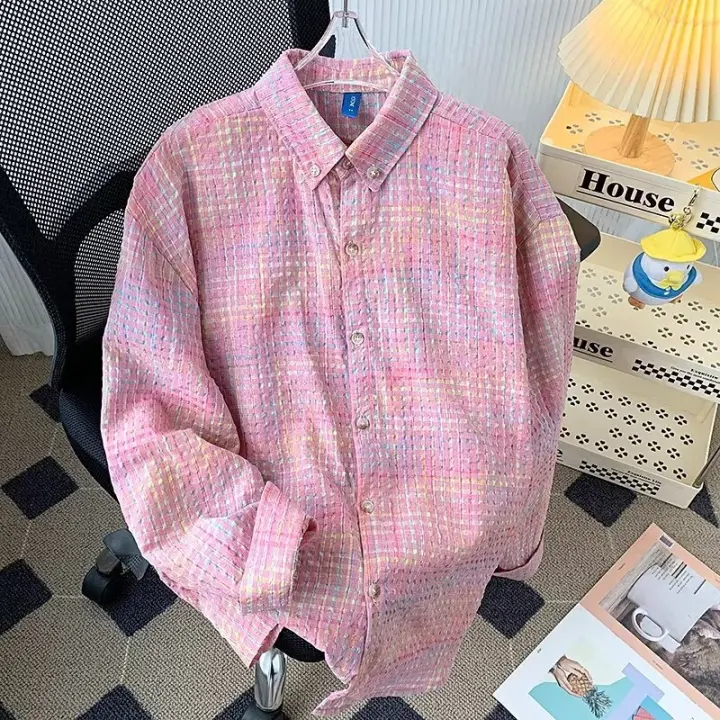 Camisa a Cuadros Rosa Retro Americano Algodón Casual para Primavera y Otoño Manga Larga - 1
