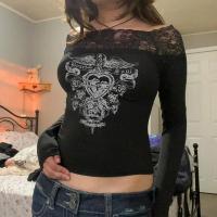 Camiseta de manga larga con hombros descubiertos y estampado de primavera y otoño para mujer - details 3