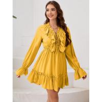 Vestido elegante de manga larga con cuello en V para mujer, vestido corto con volantes, color sólido, informal, nuevo en promoción - details 8