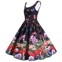 Women vintage spaghetti strap floral print high waist elegant sleeveless a-line party midi dress - details 26