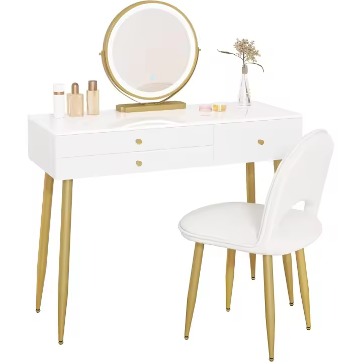 Tocador LED con Espejo 3 Temperaturas, Taburete de Terciopelo, 3 Cajones de Madera Maciza, 100×40×122 cm Mesa de Maquillaje Moderna Blanco Champán - 1