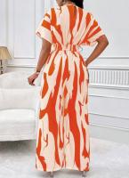 Mono con estampado de cuello en V para mujer, pantalones de pierna ancha informales, manga de murciélago, trajes de una pieza - details 12