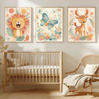 Póster de dibujos animados de León, jirafa, zorro, arte de pared para guardería, dormitorio de bebé, pintura de lienzo de Animal lindo, decoración estética moderna para habitación - details 1