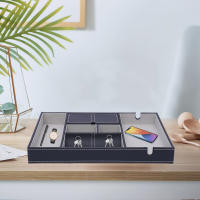 Caja de Almacenamiento de Cuero PU Negro con 6 Rejillas para Llaves y Cambios Caja de Exhibición de Joyería para Escritorio Recipiente de Almacenamiento Rectangular Removible y Plegable - details 0