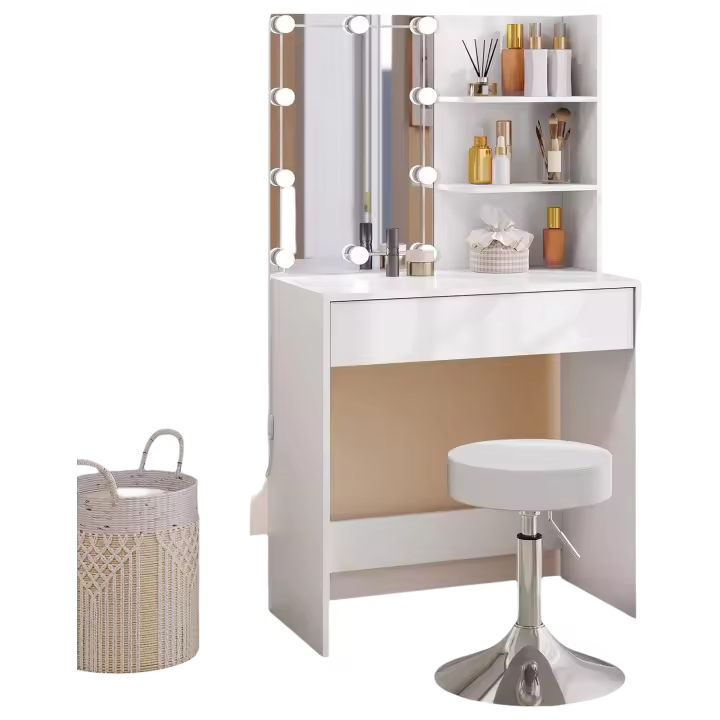 Tocador Moderno con Taburete Espejo y Luz, Mesa Tocador Grande con Cajón y 2 Estantes, Diseño Blanco, 75x40x136 cm - 1